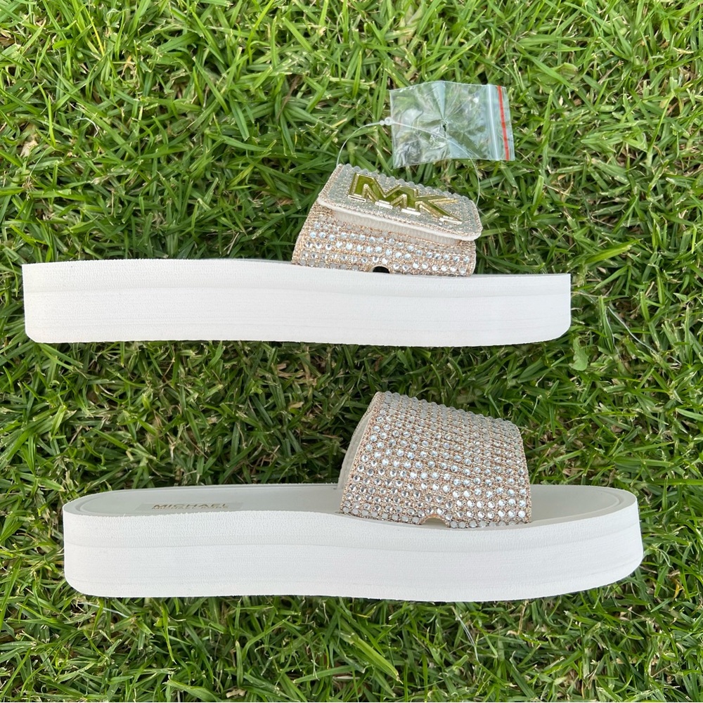 MK Platform Slide Glitter Chain Mesh Gold 6M - Picture 5 of 8